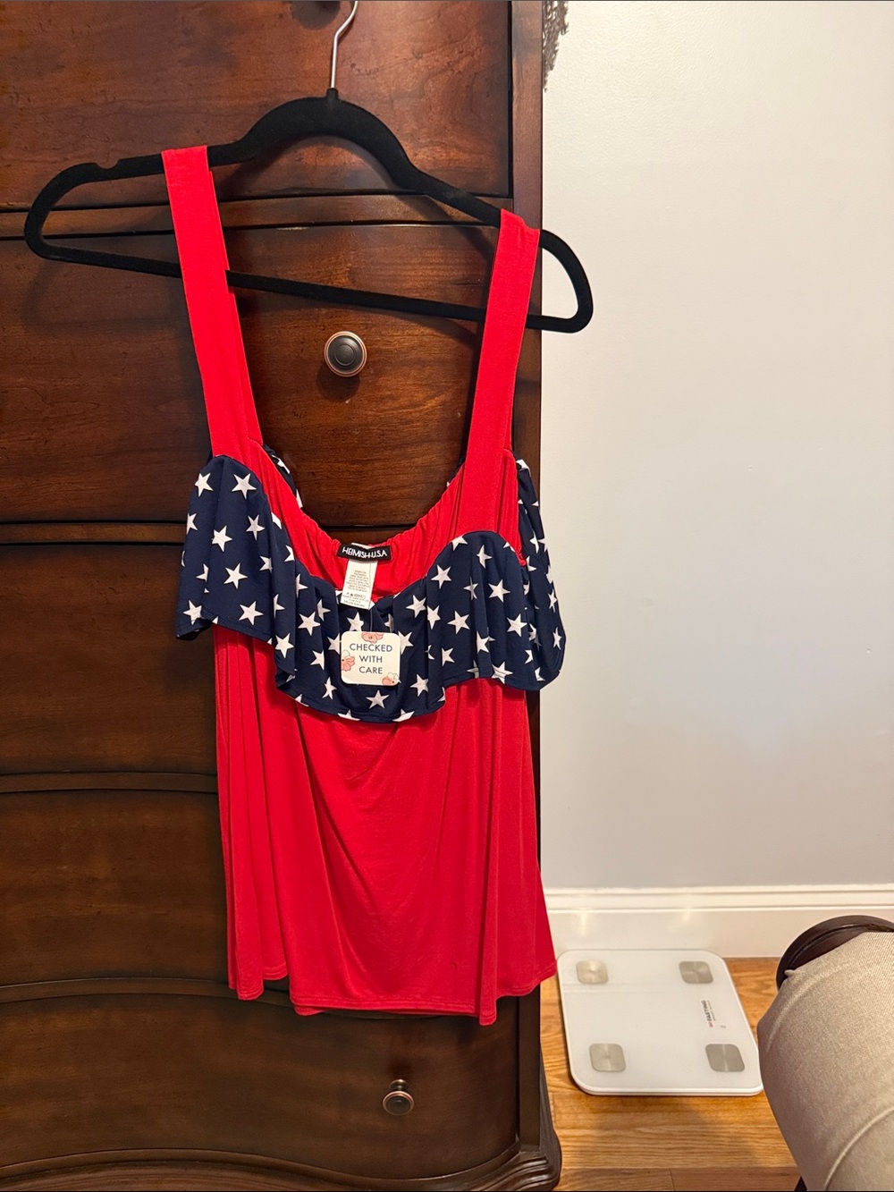HEIMISH USA Red Tank Top with Navy Star Ruffle